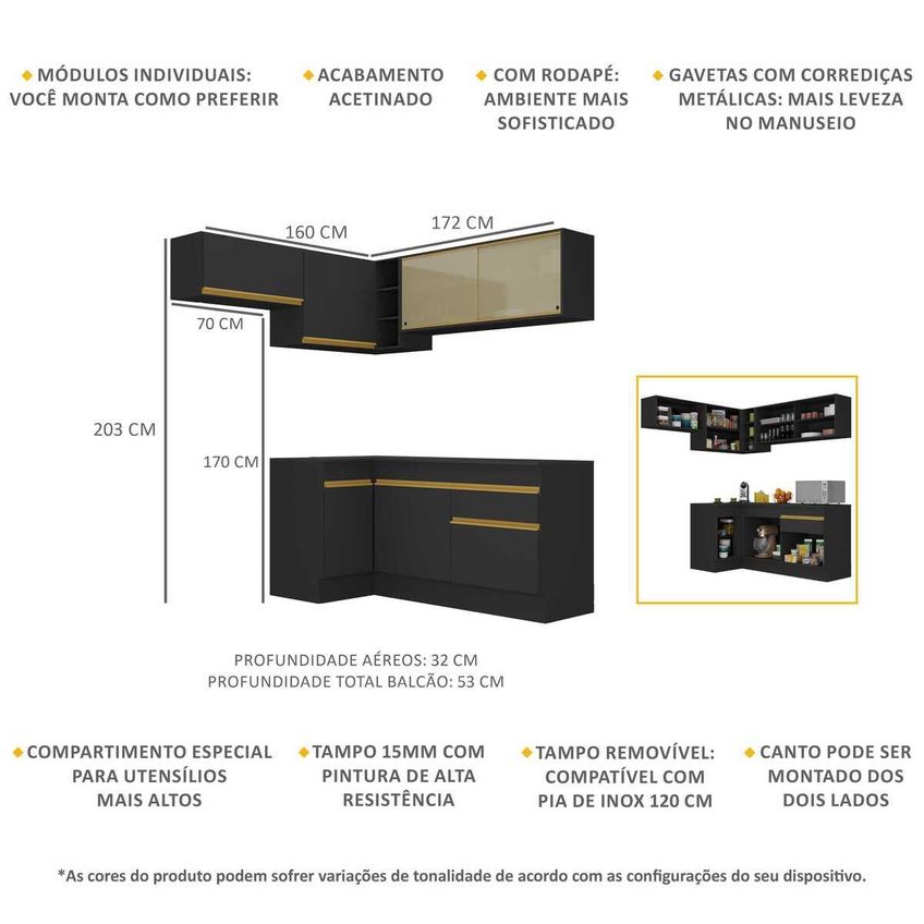 Cozinha Completa Compacta Armário Canto FL2094 Veneza Multi Preto/Dourado - imagem 3