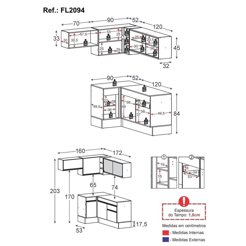 Cozinha Completa Compacta Armário Canto FL2094 Veneza Multi Preto/Dourado - imagem 4