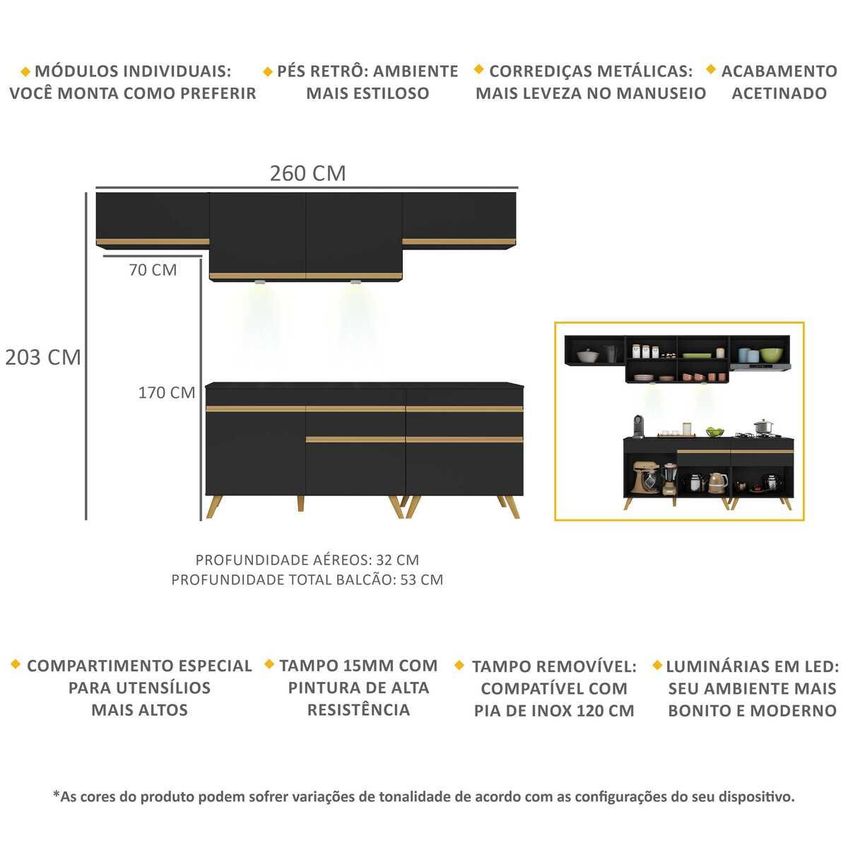 Cozinha Completa Compacta Armário LED FL2032 Veneza Multi Preto/Dourado - imagem 3