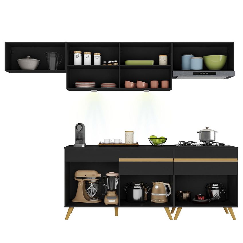 Cozinha Completa Compacta Armário LED FL2032 Veneza Multi Preto/Dourado - imagem 5
