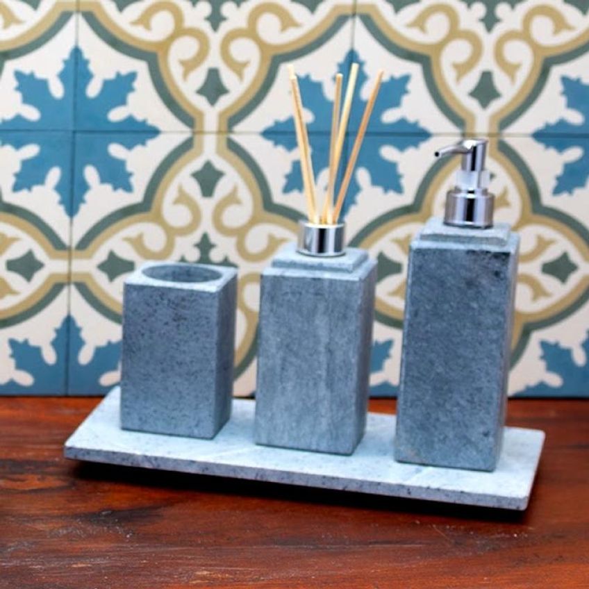 Kit Banheiro Bancada Lavabo Luxo Em Pedra Sabão N05 Prata - imagem 3
