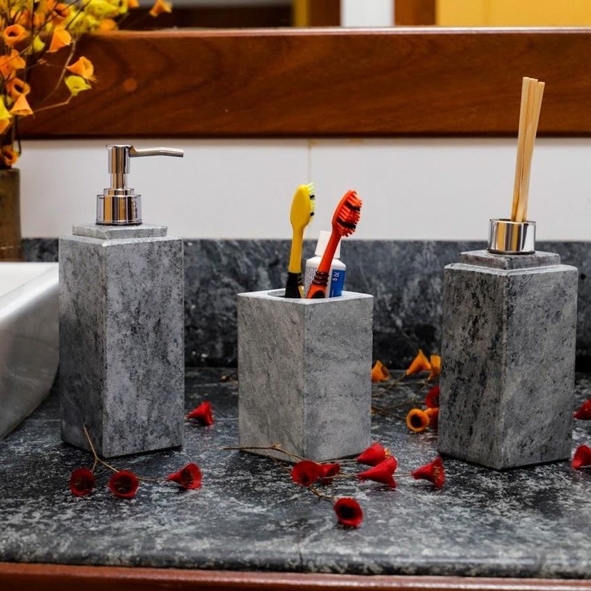 Kit Banheiro Bancada Lavabo Luxo Em Pedra Sabão N01 Prata - imagem 3