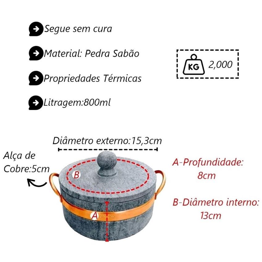 Fogareiro Réchaud P/ Caçarola 800ml Alça Cobre Pedra Sabão - imagem 3