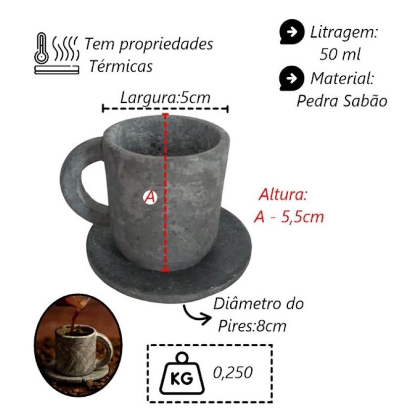 Kit 2 Xícaras De Café Com Pires Pedra Sabão Servir Decorar - imagem 3