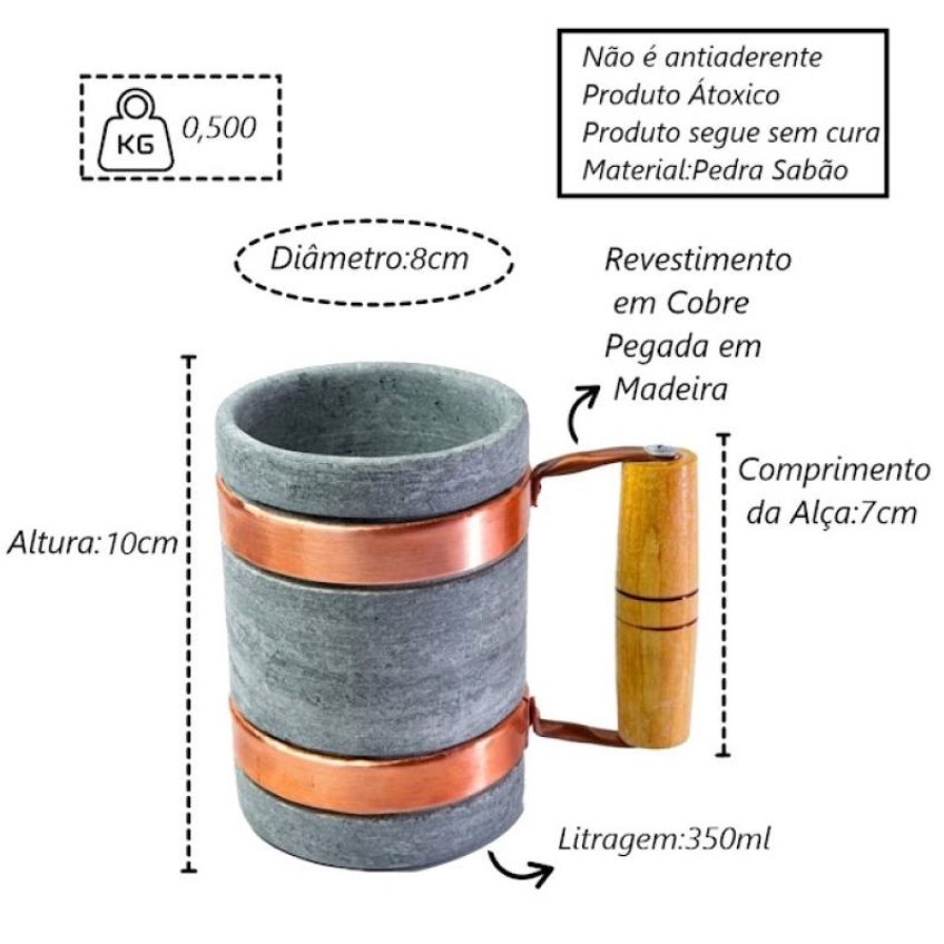 Kit 3 Canecas Alça De Cobre Pedra Sabão Chopp Cerveja 350ml - imagem 3