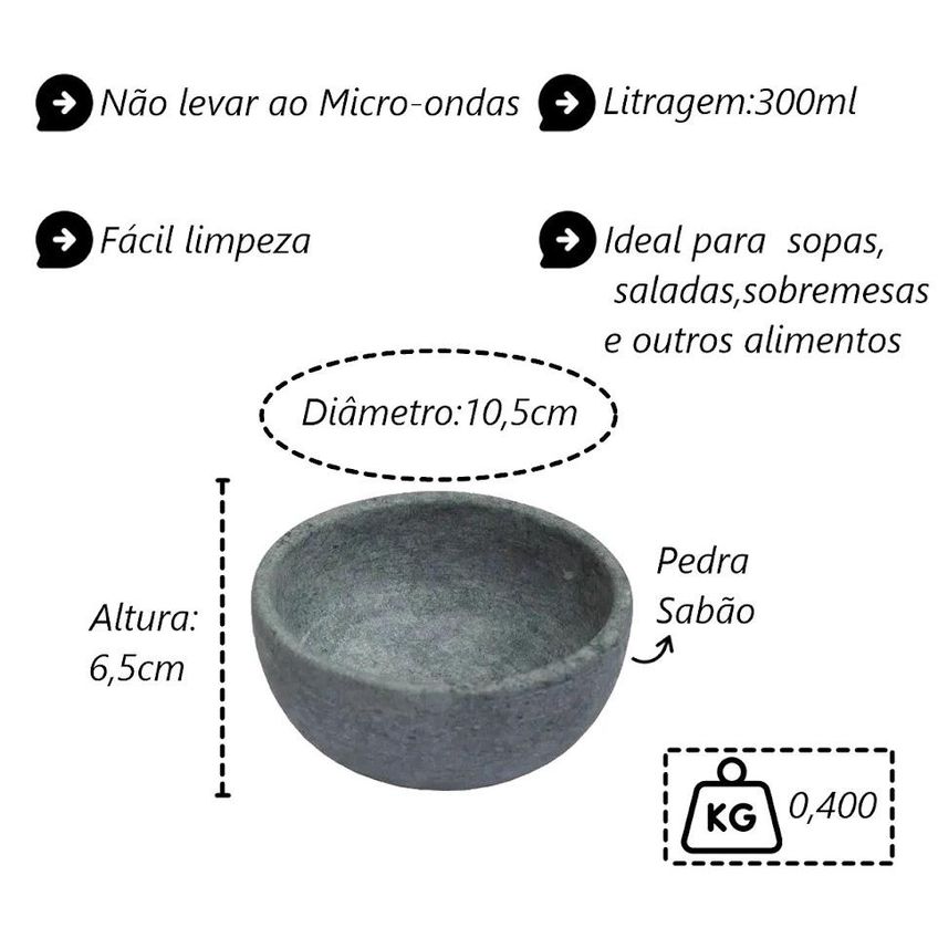 Kit 10 Cumbuca Pedra Sabão Tigela Bowl Para Caldo Sopa 300ml - imagem 3