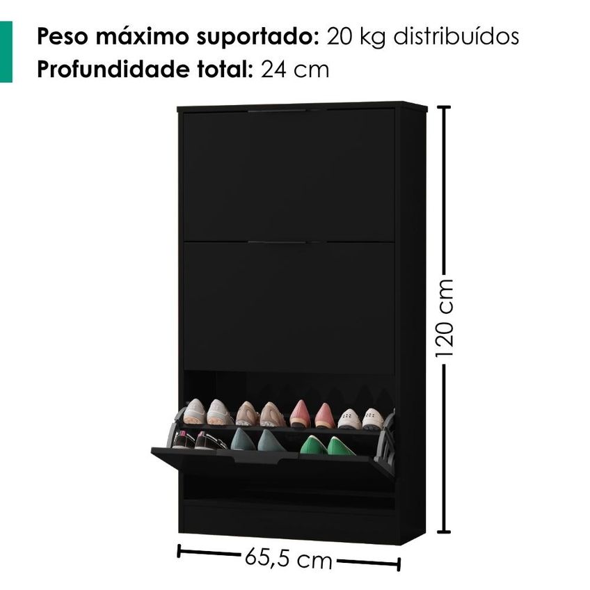 Sapateira Multiuso 3 Gavetas Basculantes 120x65 Cm Aurora Preto Rudk - imagem 3