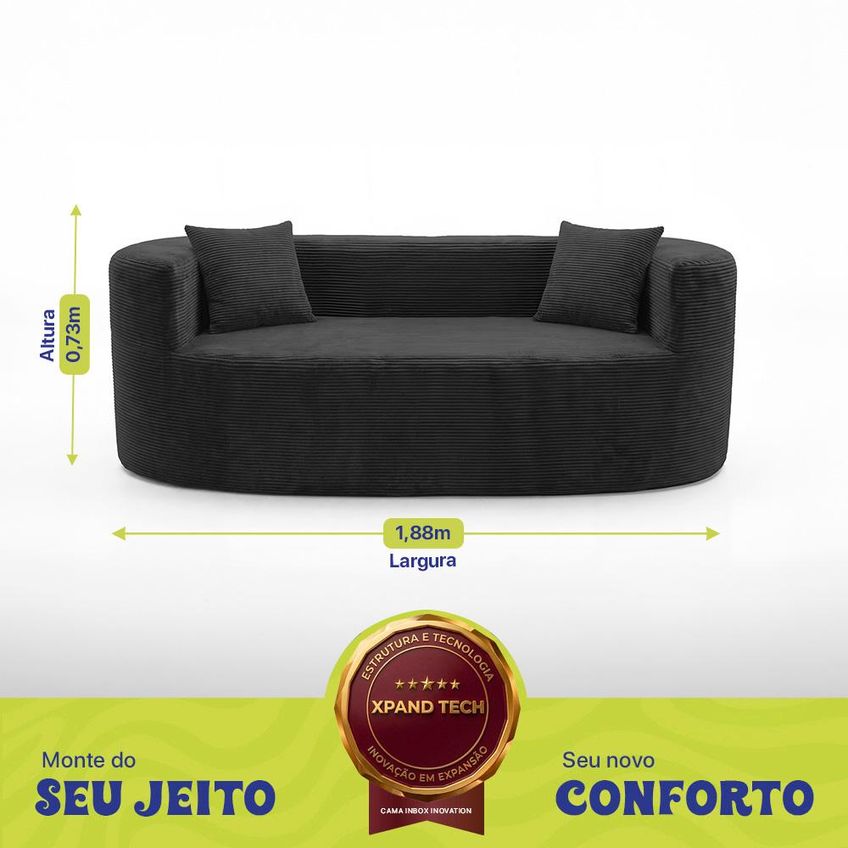 Sofá Solace 1,88m Xpand Tech Tecido Velourê Preto Cama Inbox - imagem 3