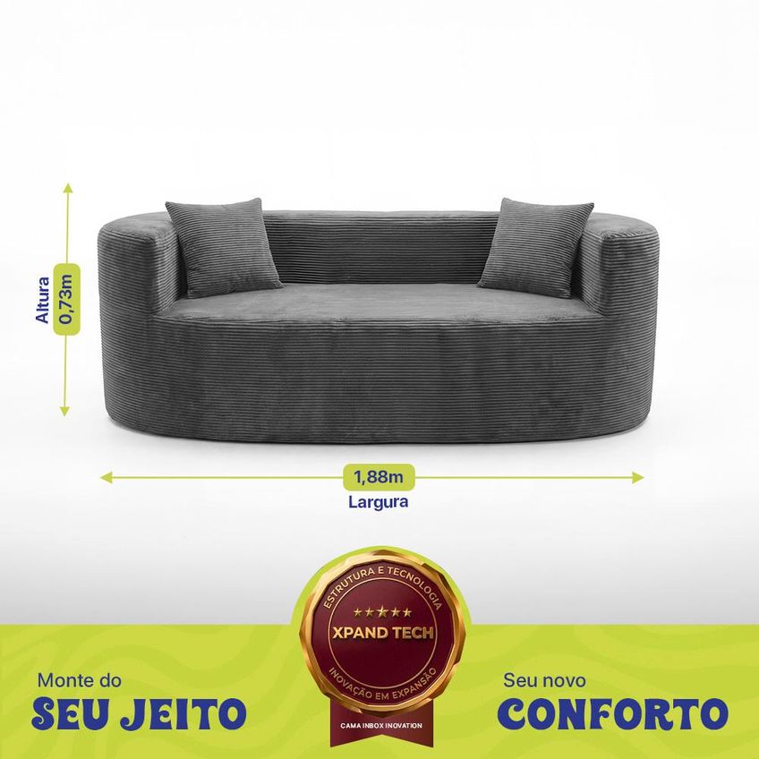 Sofá Solace 1,88m Xpand Tech Tecido Velourê Cinza Escuro Cama Inbox - imagem 3