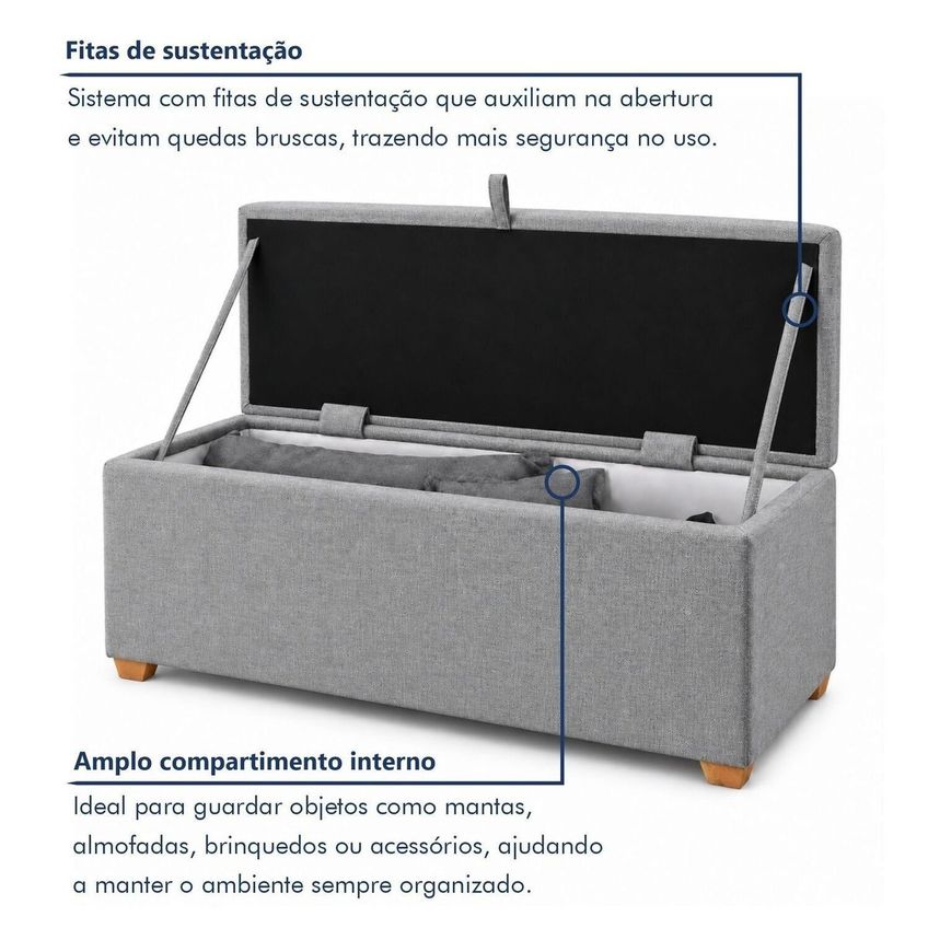 Puff Baú Solteiro Base Madeira Maciça 90cm Loft Cinza - imagem 4