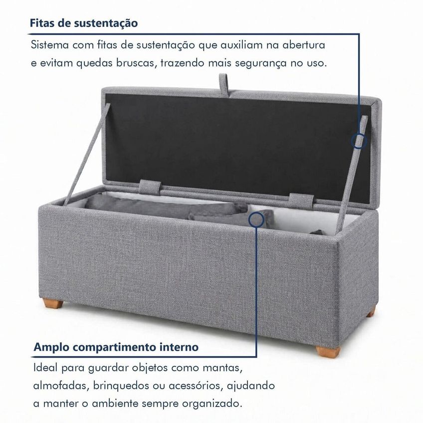 Puff Baú Casal Base Madeira Maciça 140cm Slim Cinza - imagem 4