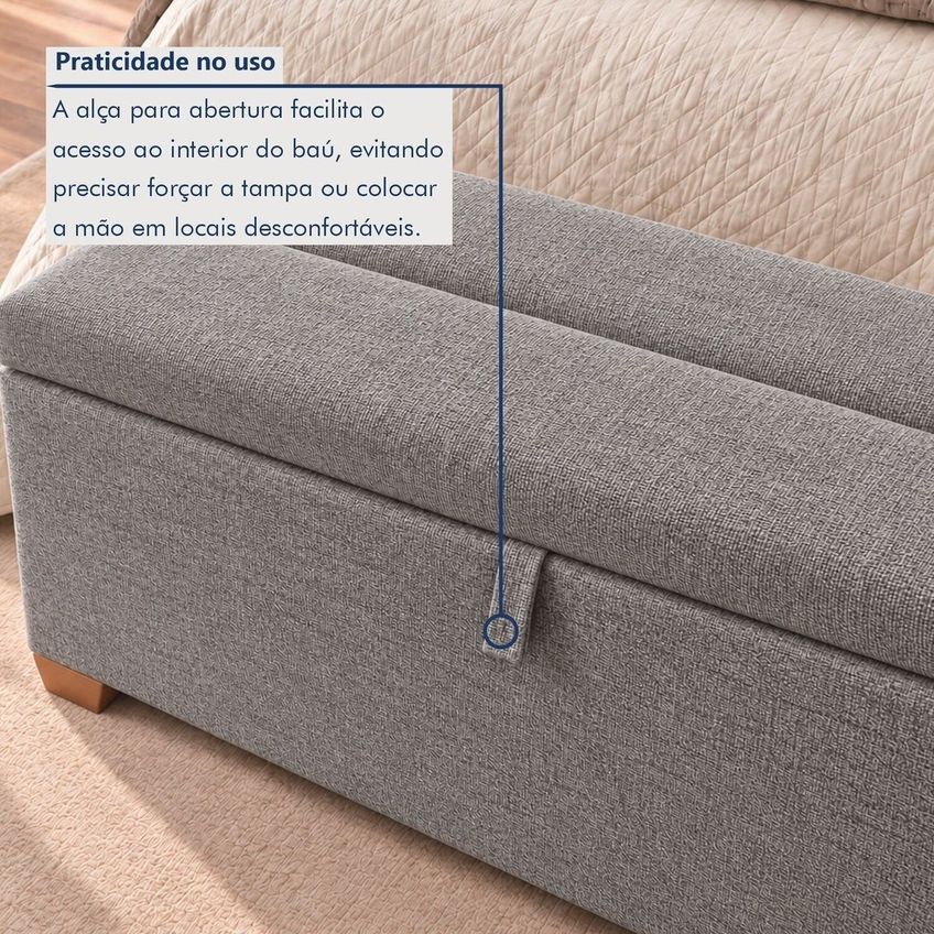 Puff Baú Casal Base Madeira Maciça 140cm Slim Cinza - imagem 5
