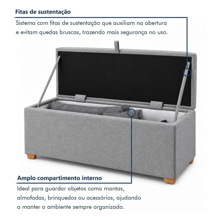 Puff Baú Queen Base Madeira Maciça 160cm Loft Cinza - imagem 4