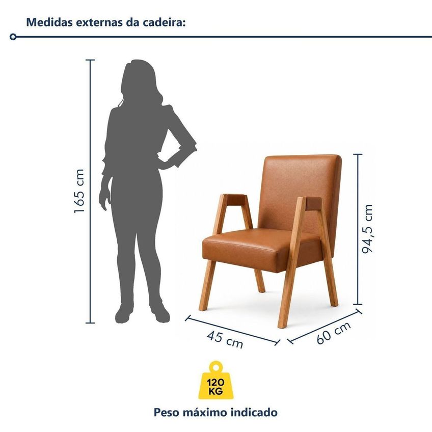 Kit 4 Cadeiras Com Braço Para Sala De Jantar Com Pés Madeira Maciça Isis Cinamomo/caramelo - imagem 3