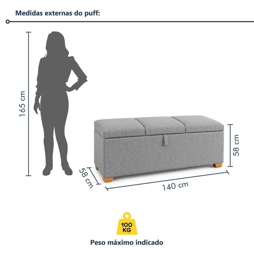 Puff Baú Casal Base Madeira Maciça 140cm Loft Cinza - imagem 3