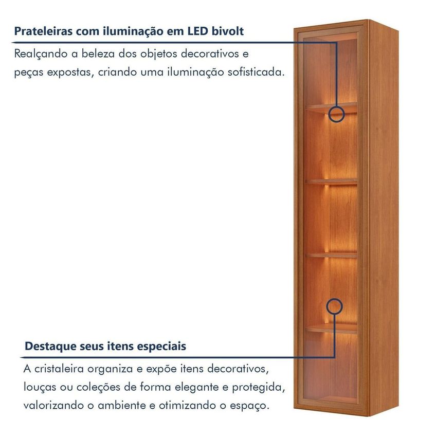 Conjunto Cristaleira Porta De Vidro Com Led E Rack Ripado Suspenso 100% MDF Zeus Naturalle - imagem 5