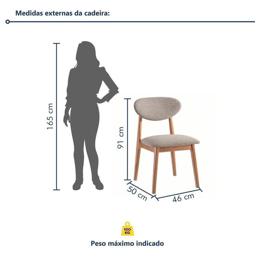 Conjunto 6 Cadeiras Lis Em Madeira Maciça E Encosto Laminado E Estofado Cinamomo/Linho Bege - imagem 3