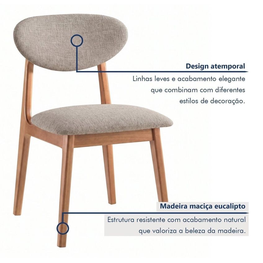 Conjunto 6 Cadeiras Lis Em Madeira Maciça E Encosto Laminado E Estofado Cinamomo/Linho Bege - imagem 5