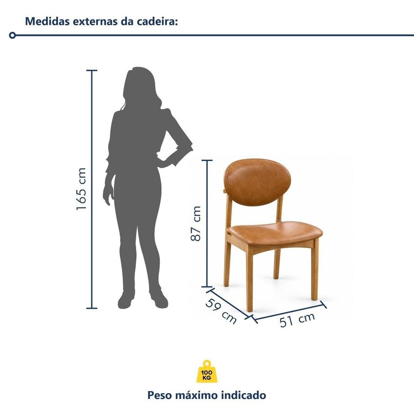 Conjunto 6 Cadeiras Ravi Em Madeira Maciça Tauari E Encosto Orgânico Caramelo/corino - imagem 3