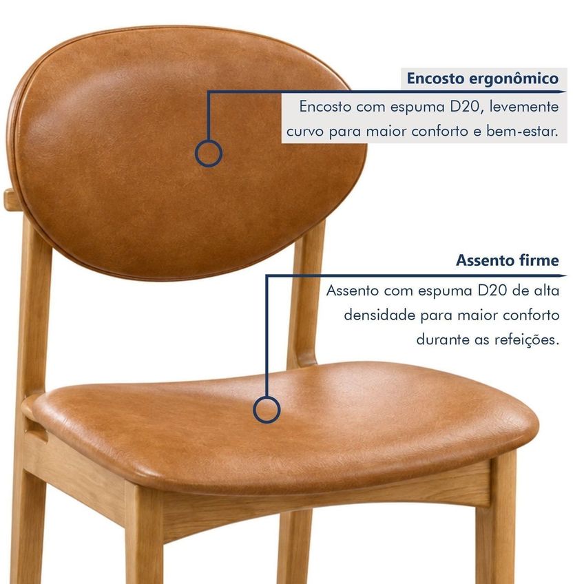 Conjunto 6 Cadeiras Ravi Em Madeira Maciça Tauari E Encosto Orgânico Caramelo/corino - imagem 4