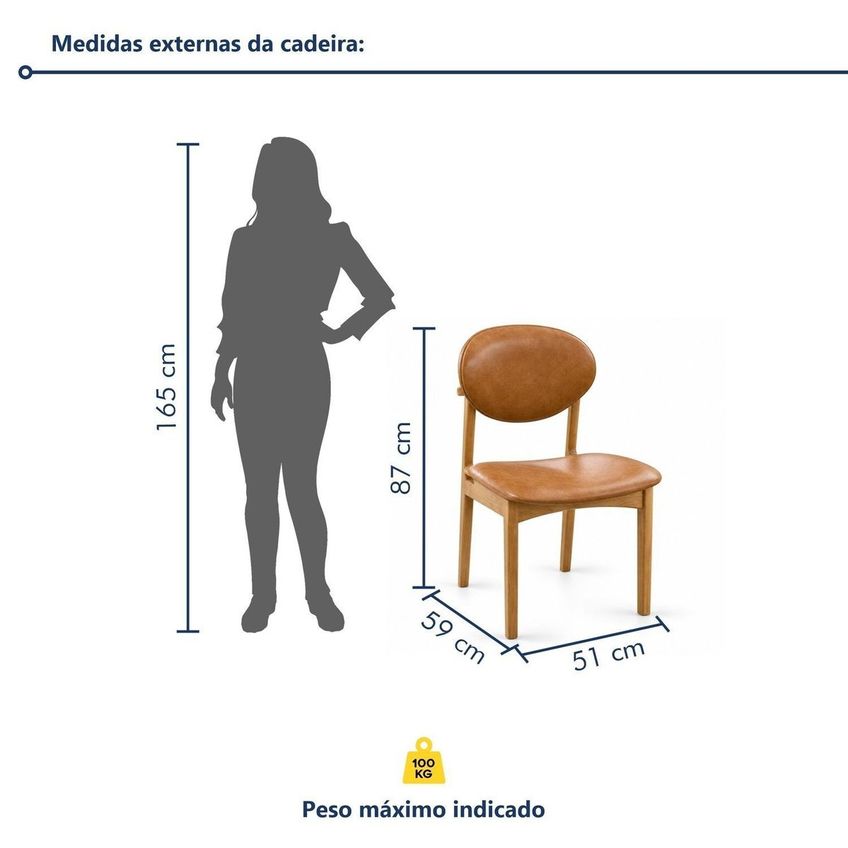Conjunto 4 Cadeiras Ravi Em Madeira Maciça Tauari E Encosto Orgânico Caramelo/corino - imagem 3