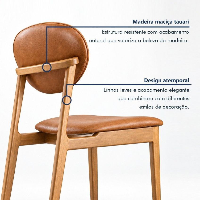 Conjunto 4 Cadeiras Ravi Em Madeira Maciça Tauari E Encosto Orgânico Caramelo/corino - imagem 5