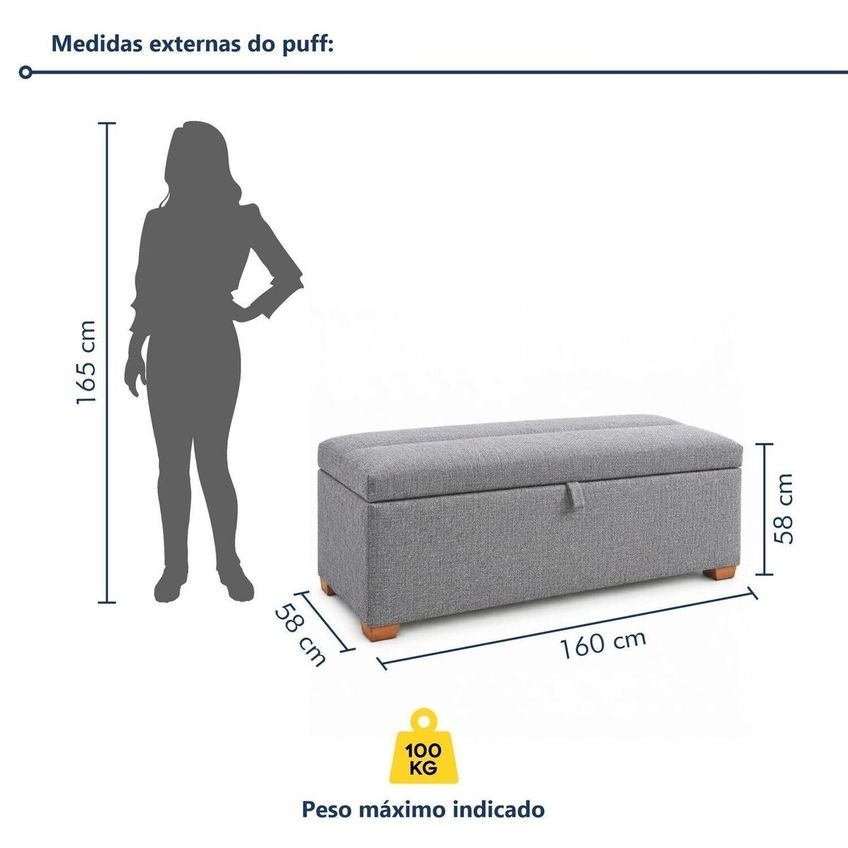 Puff Baú Queen Base Madeira Maciça 160cm Slim Cinza - imagem 3