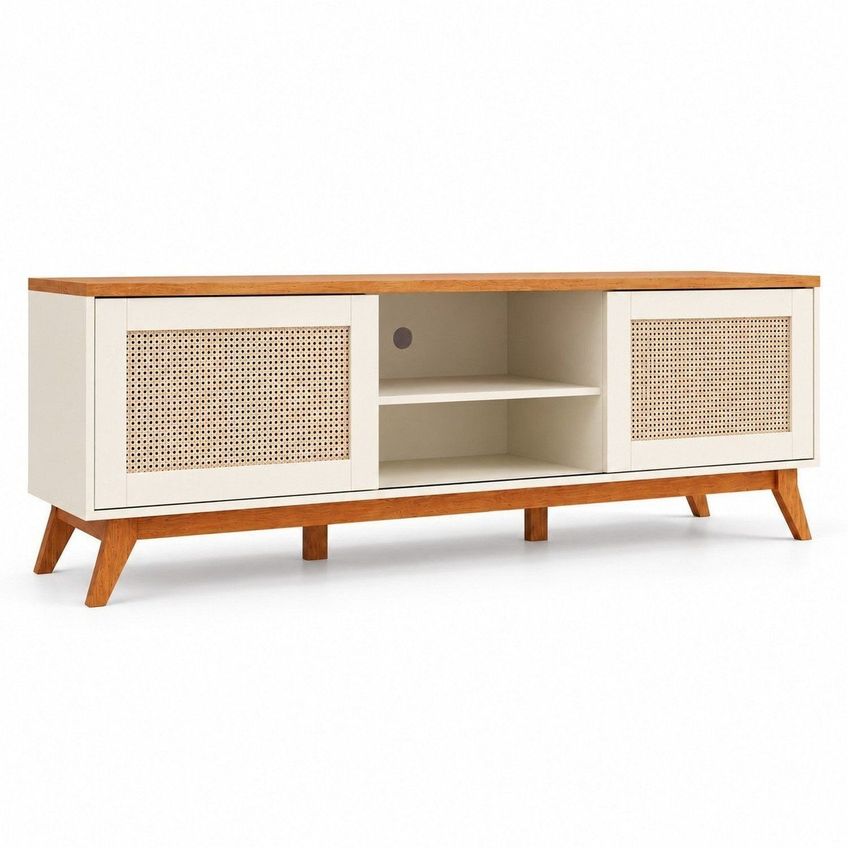 Rack Para TV Até 75 Polegadas 180,5cm 2 Portas Com Palha Natural 1 Prateleira Nolan Off White/Mel - imagem 2