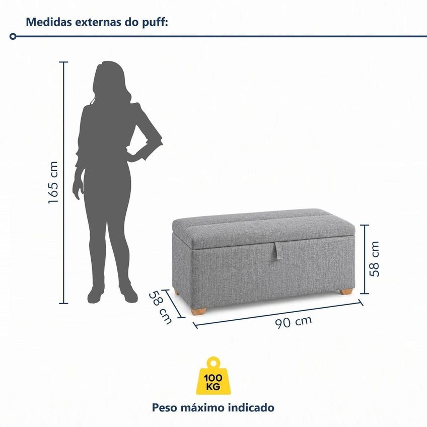 Puff Baú Solteiro Base Madeira Maciça 90cm Slim Cinza - imagem 3