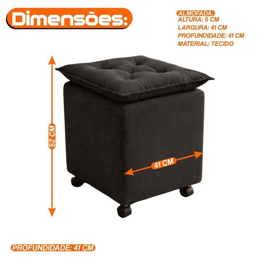 Puff Turquia Com Almofada Acolchoada No Assento Preto Com Rodízios Preto - imagem 3