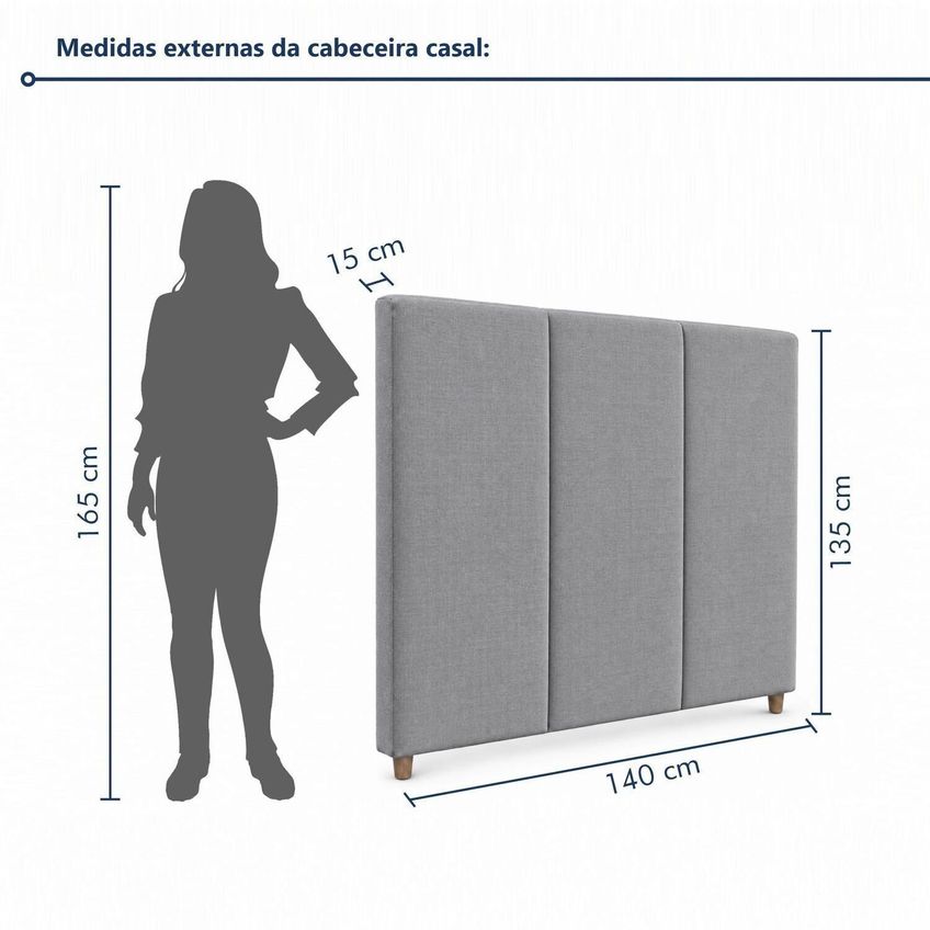 Cabeceira Estofada Casal 140cm Base Madeira Maciça Loft Cinza - imagem 3