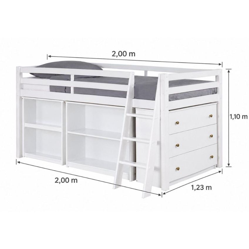 Cama Alta Infantil/Juvenil Multifuncional Roxy III com Cômoda e Prateleiras Branco MI - imagem 3