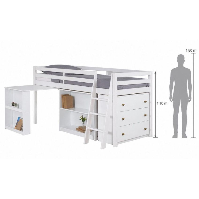Cama Alta Infantil/Juvenil Multifuncional Roxy III com Cômoda e Prateleiras Branco MI - imagem 4