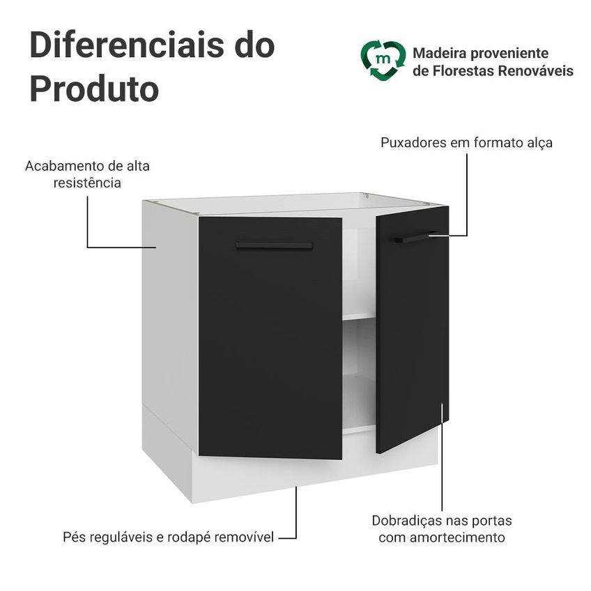 Balcão De Cozinha 80 Cm 2 Portas (sem Tampo) Branco/preto Ágata Madesa - imagem 3