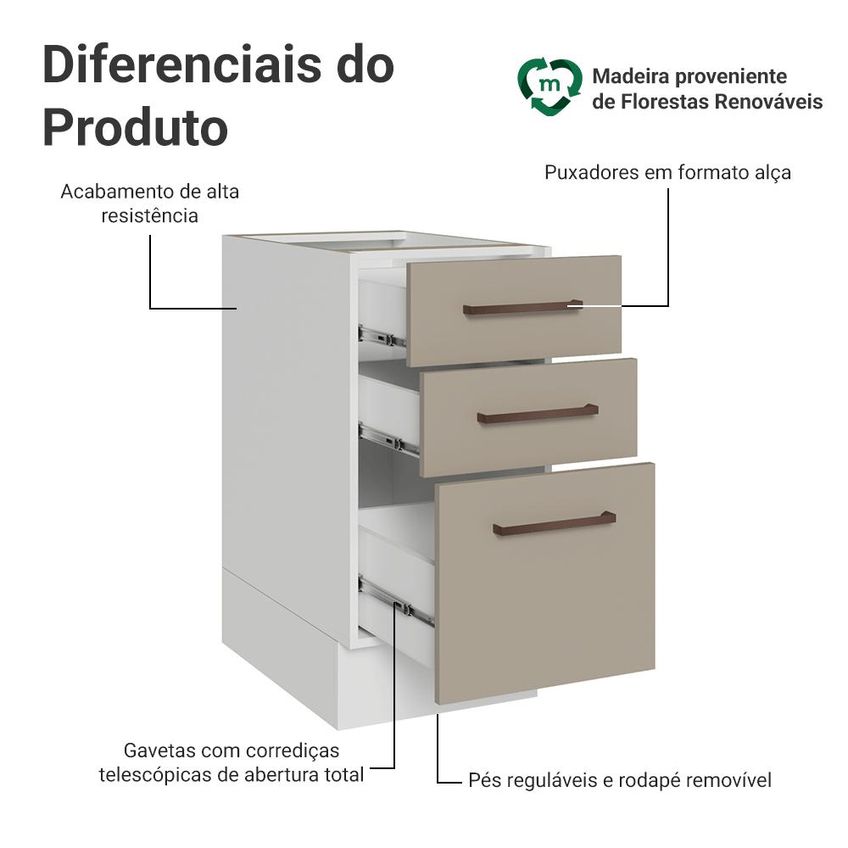 Balcão De Cozinha 40 Cm 3 Gavetas Sem Tampo Branco/crema Ágata Madesa - imagem 3