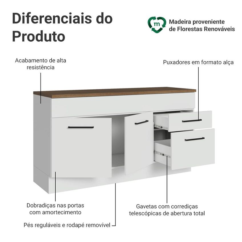 Balcão De Cozinha 150 Cm 2 Portas 2 Gavetas Branco Tampo Rustic Ágata Madesa - imagem 3