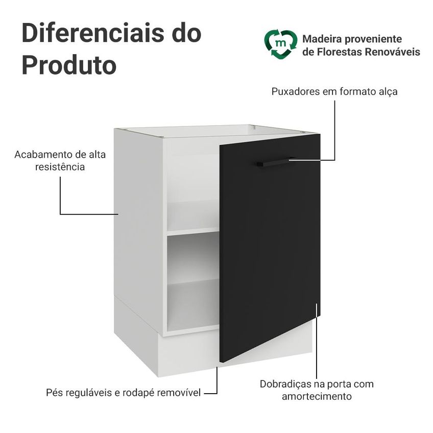 Balcão De Cozinha 60 Cm 1 Porta (sem Tampo) Branco/preto Agata Madesa - imagem 3