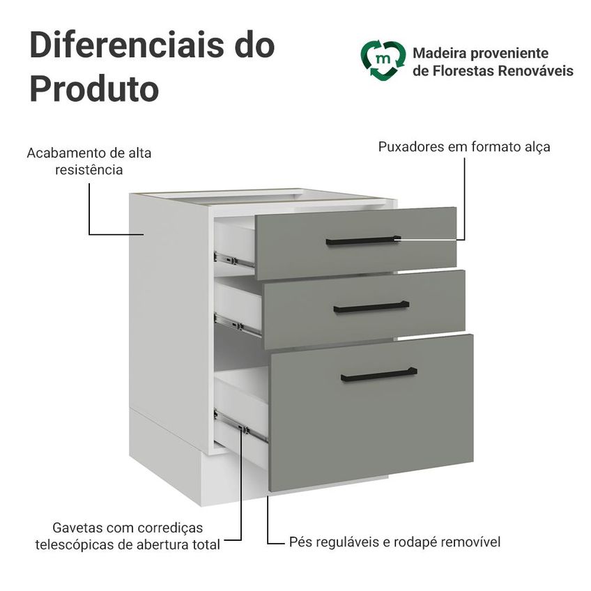 Balcão De Cozinha 60 Cm 3 Gavetas (sem Tampo) Branco/Cinza Ágata Madesa - imagem 3