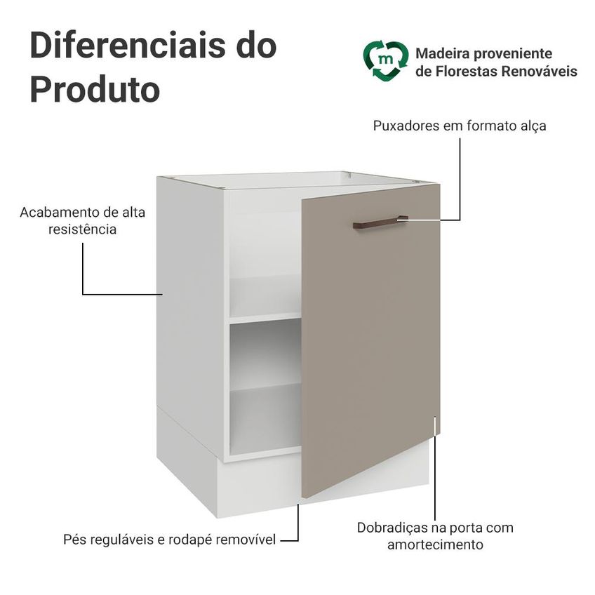 Balcão De Cozinha 60 Cm 1 Porta (sem Tampo) Branco/crema Ágata Madesa - imagem 3