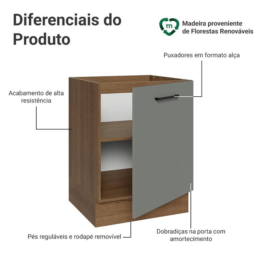 Balcão De Cozinha 60 Cm 1 Porta (sem Tampo) Rustic/cinza Ágata Madesa - imagem 3