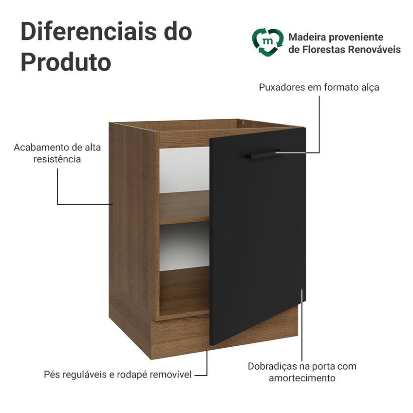 Balcão De Cozinha 60 Cm 1 Porta (sem Tampo) Rustic/preto Ágata Madesa - imagem 3