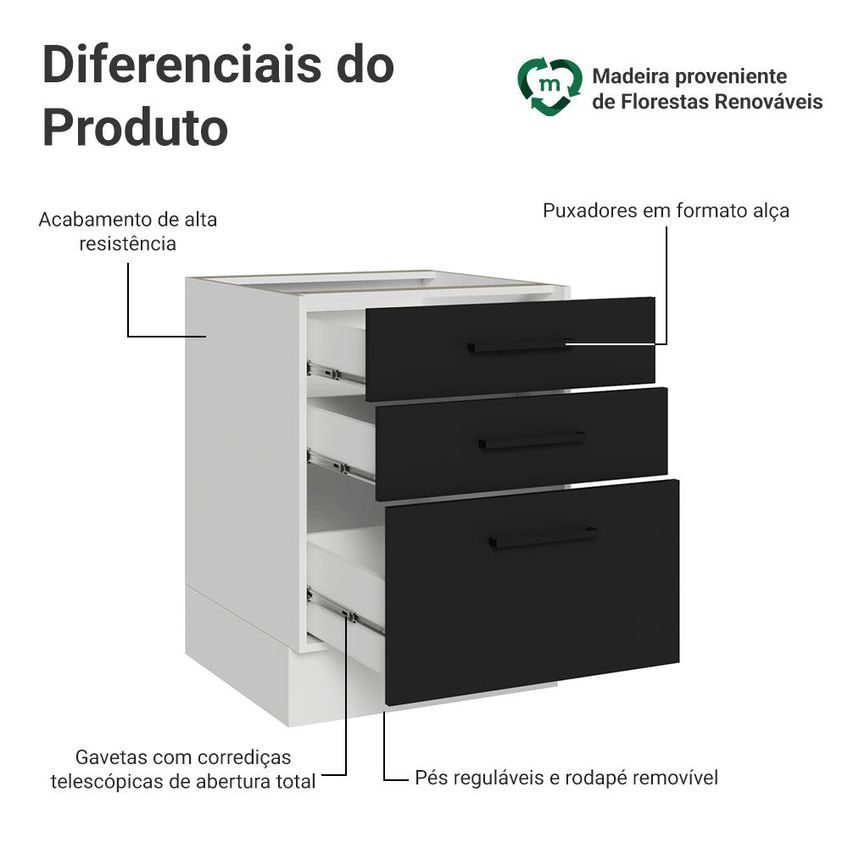 Balcão De Cozinha 60 Cm 3 Gavetas (sem Tampo) Branco/preto Ágata Madesa - imagem 3