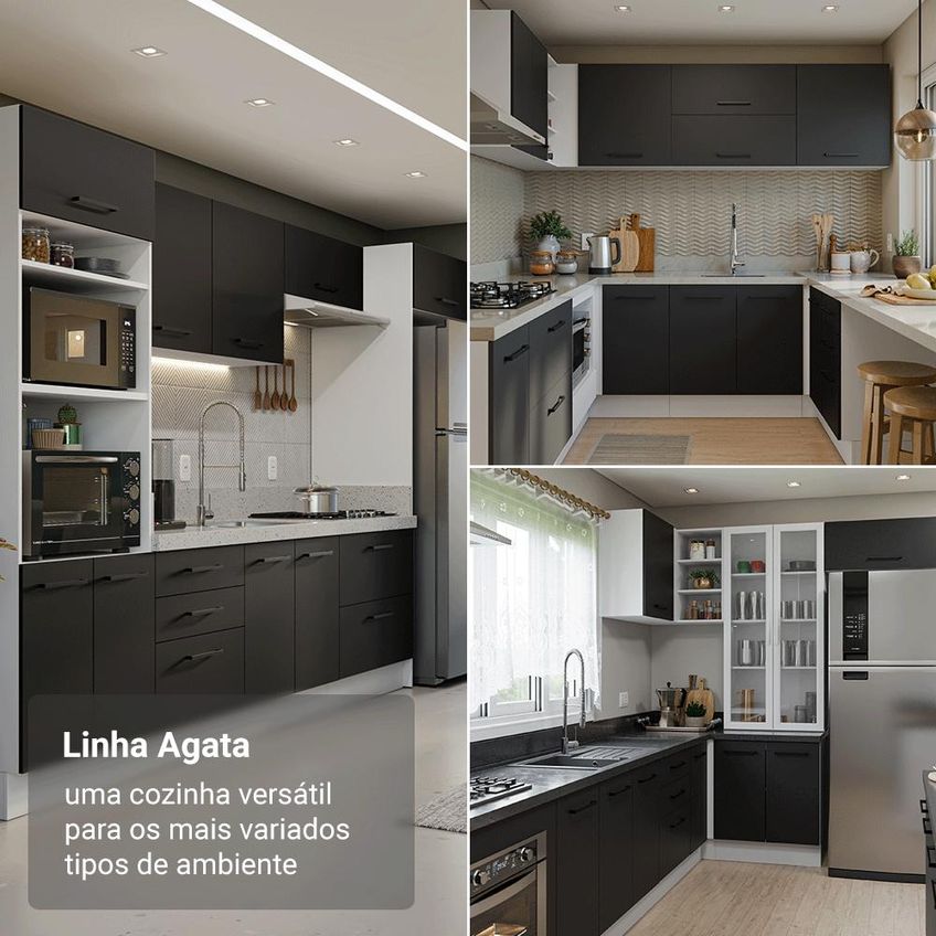 Balcão De Cozinha 60 Cm 3 Gavetas (sem Tampo) Branco/preto Ágata Madesa - imagem 4