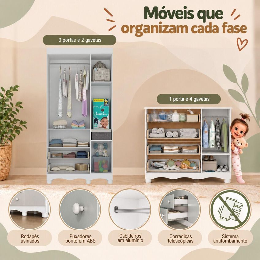 Quarto De Bebê Completo Com Berço Americano 3 Em 1 P/colchão 130x70cm Flor Multimóveis Mp4935 Branco/off White - imagem 5