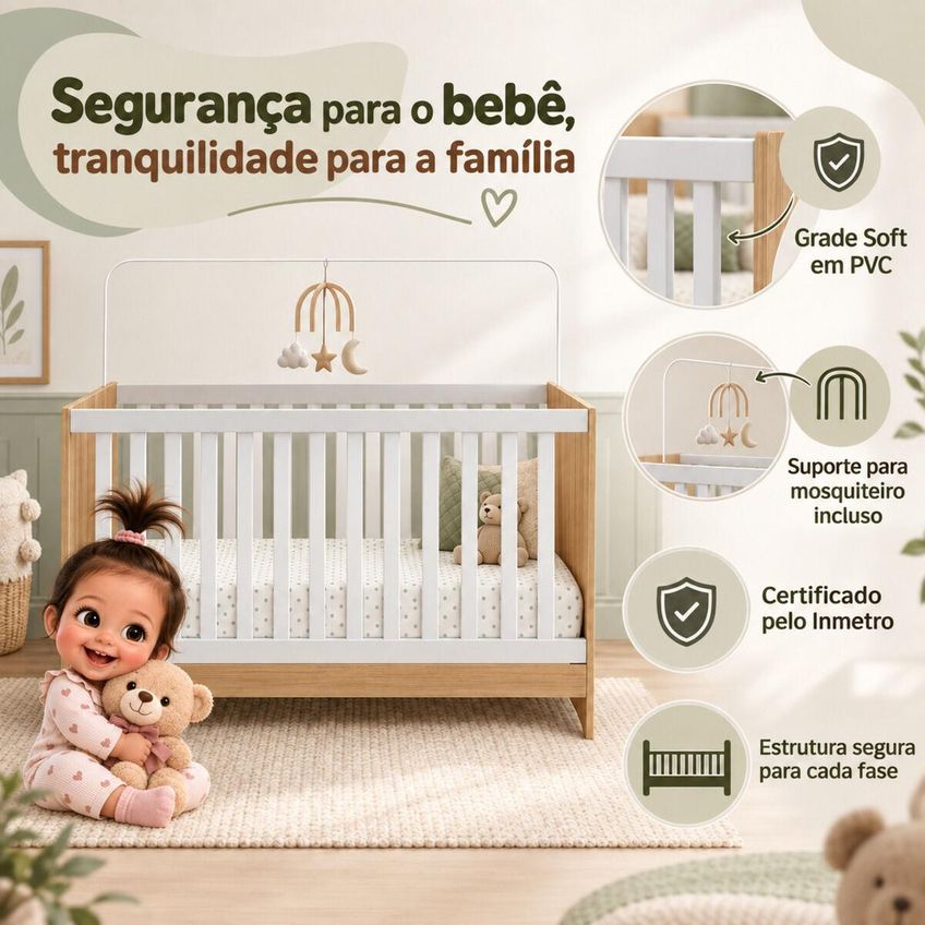 Quarto De Bebê Completo Com Berço Americano 3 Em 1 E Colchão Incluso Flor Multimóveis MP4945 Madeirado/Branco - imagem 3