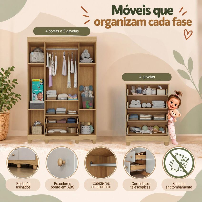 Quarto De Bebê Completo Com Berço Americano 3 Em 1 P/colchão 130x70cm Flor Multimóveis Mp4938 Madeirado/off White - imagem 5