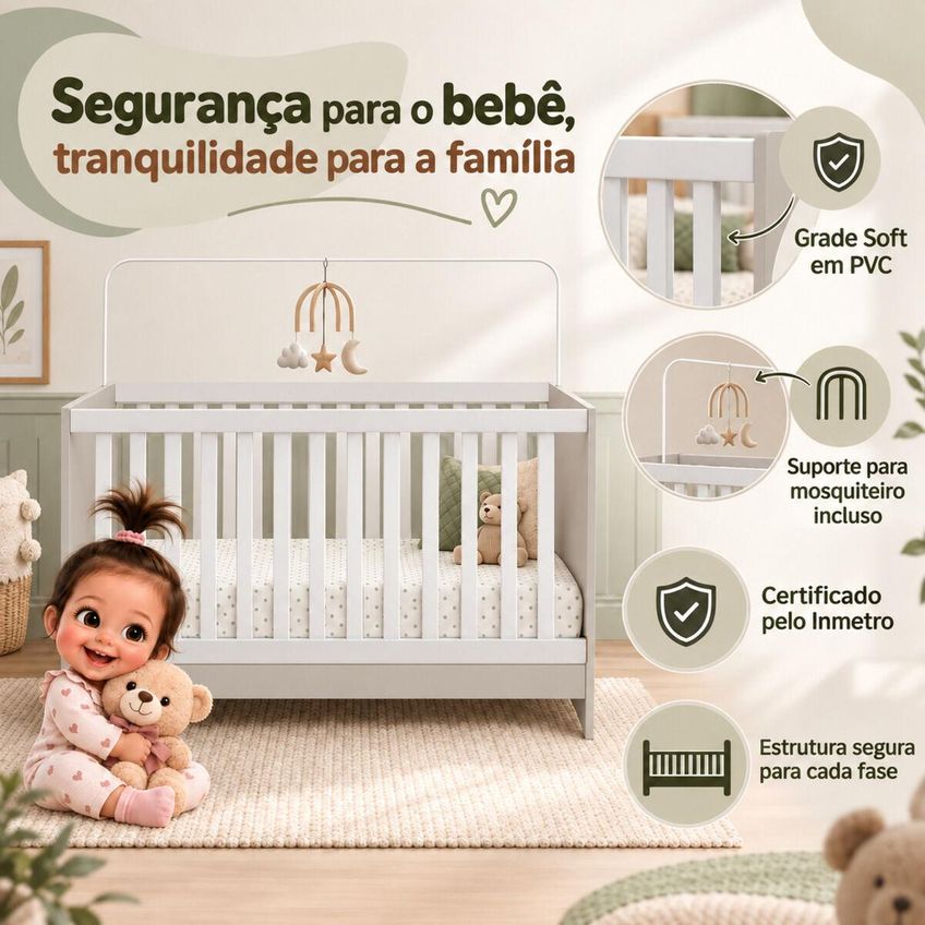 Quarto De Bebê Completo Com Berço Americano 3 Em 1 E Colchão Incluso Flor Multimóveis MP4946 Branco/Off White - imagem 3