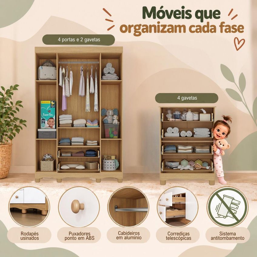Quarto De Bebê Completo Com Berço Americano 3 Em 1 E Colchão Incluso Flor Multimóveis Mp4946 Madeirado/branco - imagem 5