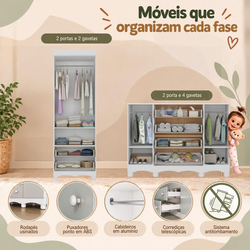 Quarto De Bebê Completo Com Berço Americano 3 Em 1 P/colchão 130x70cm Flor Multimóveis Mp4936 Branco/off White - imagem 5