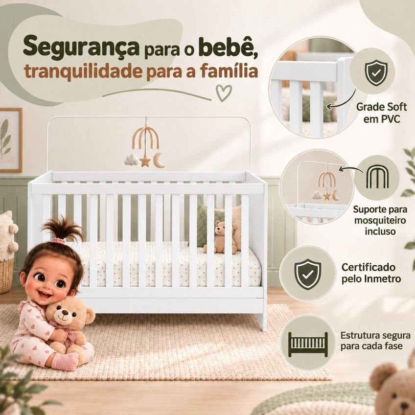 Quarto De Bebê Completo Com Berço Americano 3 Em 1 E Colchão Incluso Flor Multimóveis MP4946 Branco - imagem 3